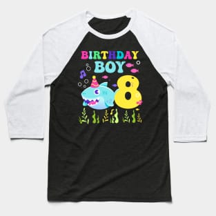 8th Birthday Boy Shark Funny B-day Gift For Kids Baseball T-Shirt